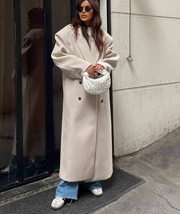 Lapel Woolen Double-Breasted Shoulder Pad Overcoat