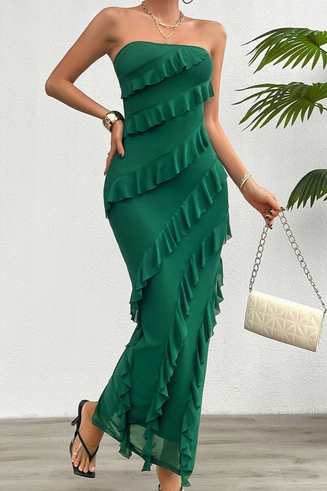 Mesh Strapless Asymmetric Ruffle Bodycon Maxi Dress