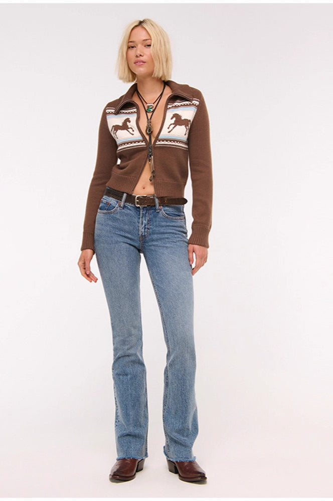 Color-Block Short Knit Cardigan with Collared Design