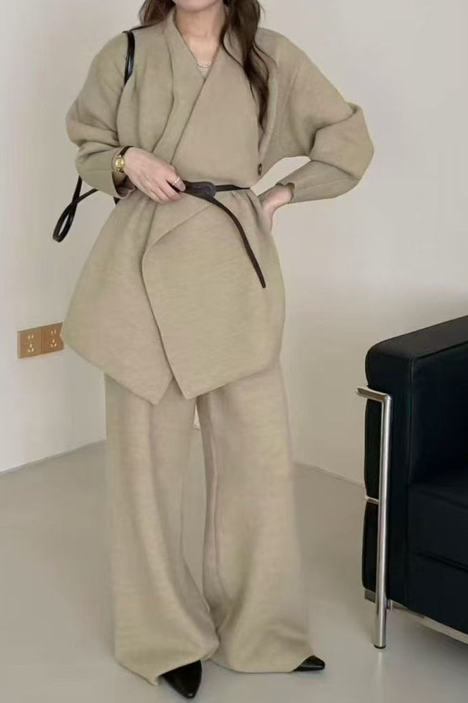 Chic Loose Knit Coat and Wide-Leg Pants Two-Piece Set