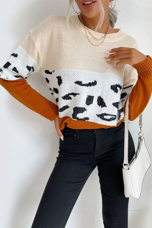 Contrast Leopard Pattern Knit Sweater for Stylish Comfort