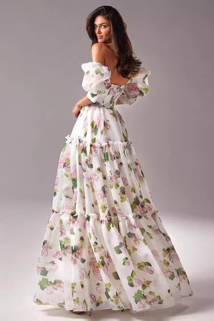 Floral Off Shoulder Puff Sleeve Sweetheart Tiered Maxi Dress - View 2