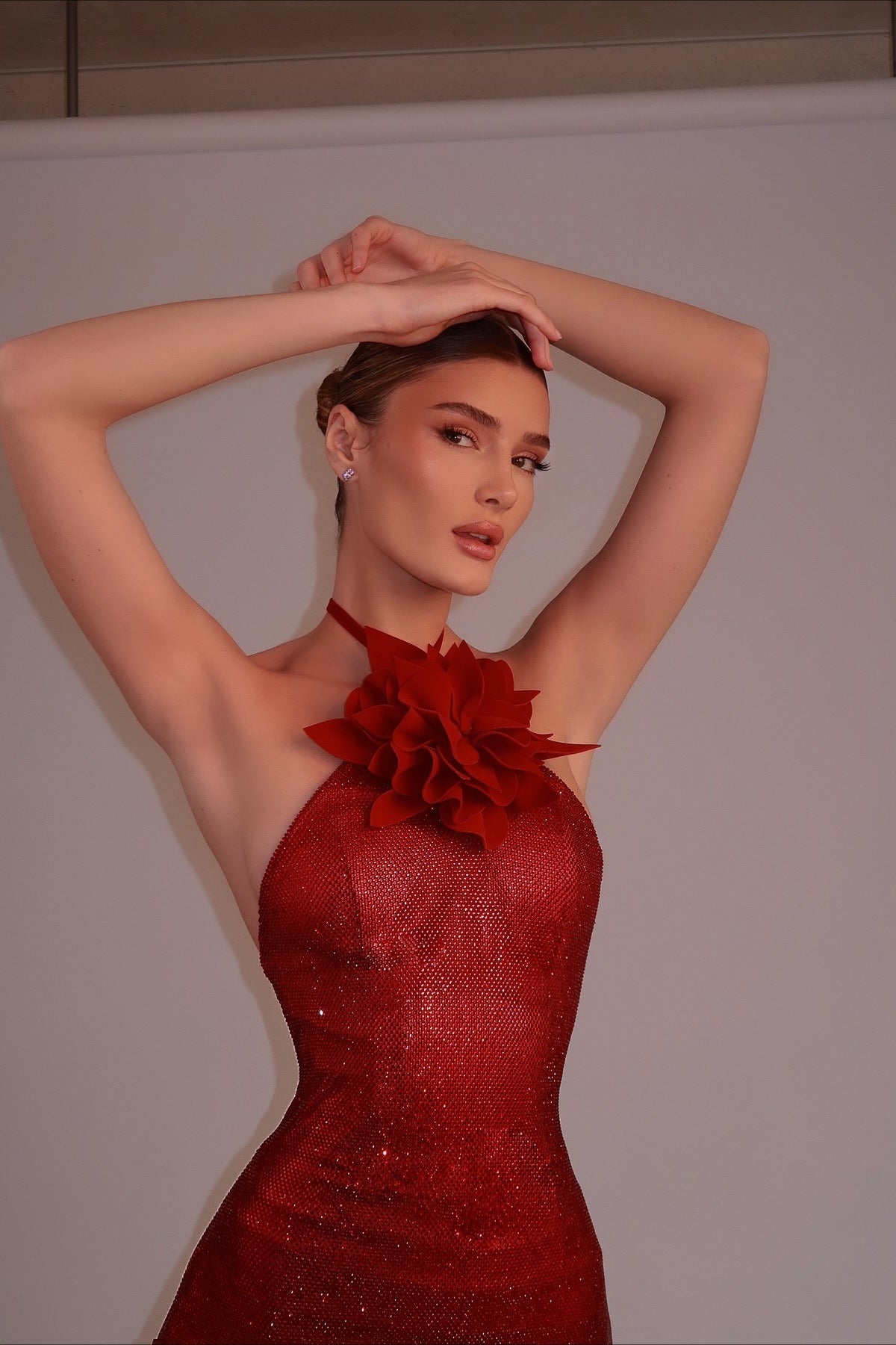 3D Flower Halter Fitted Waist Rhinestone Party Dress