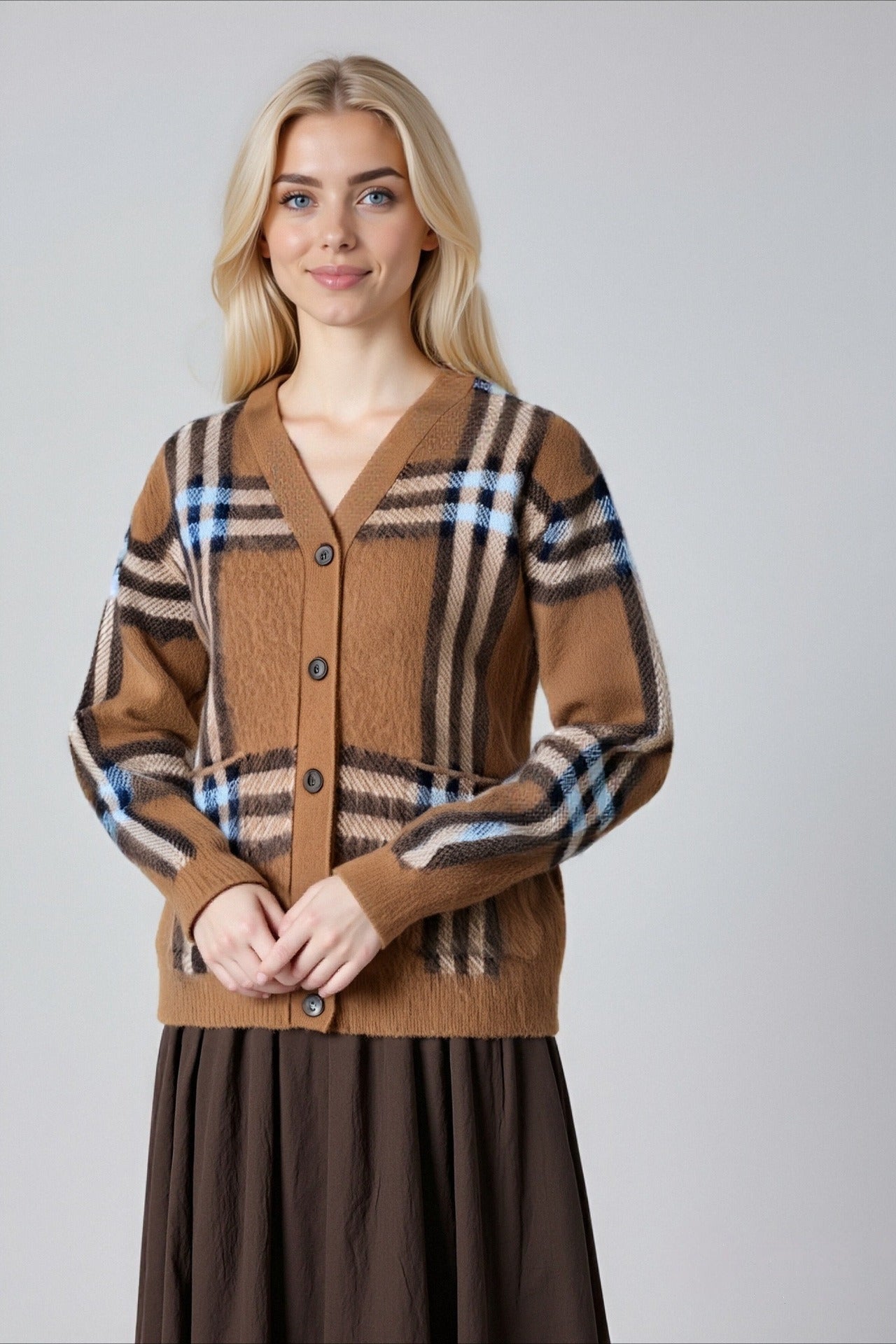 Plaid Retro Plus Size V Neck Knit Cardigan for Cozy Style