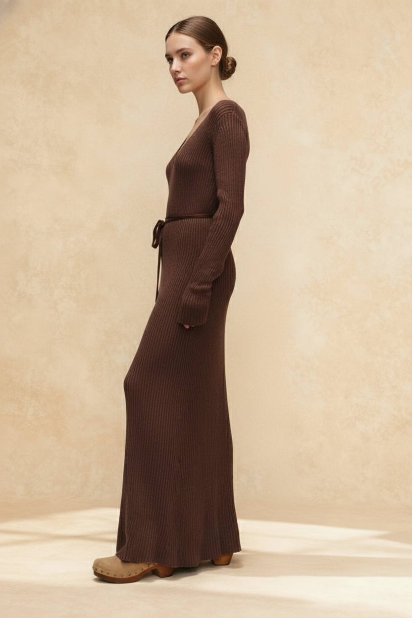 V-Neck Long Sleeve Knit Sweater Dress