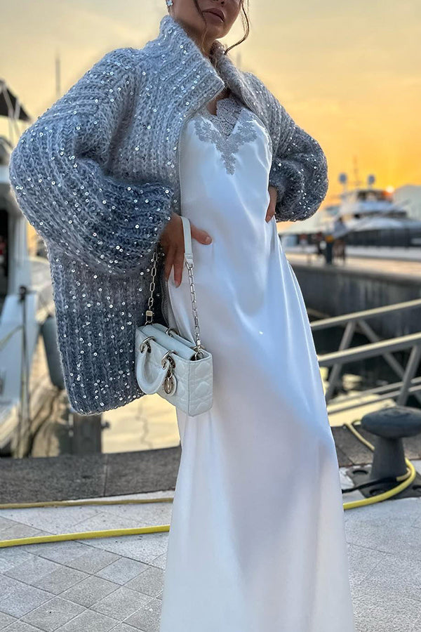 Chic Loose Knit Cardigan with Sequin Balloon Sleeves