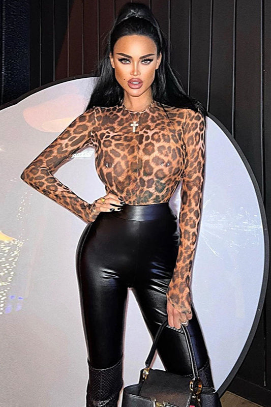 Leopard Print Long Sleeve Bodysuit Knit Top