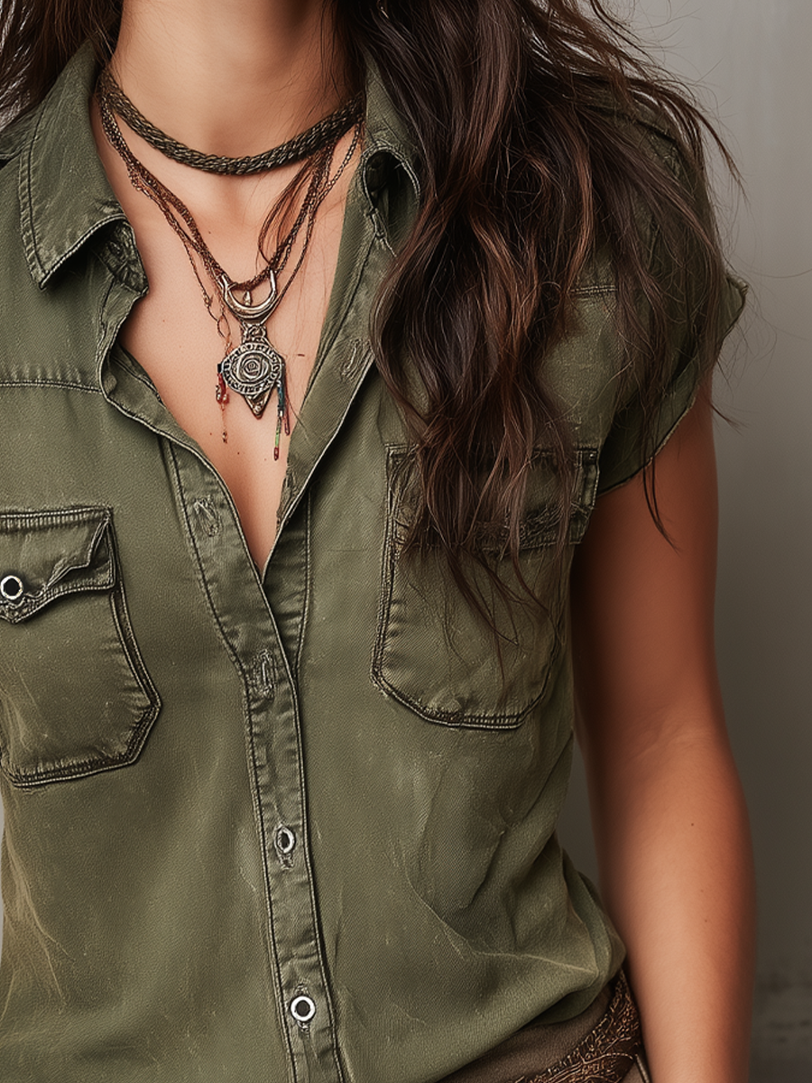 Vintage Washed Short Sleeve Denim Blouse - Fashionpara