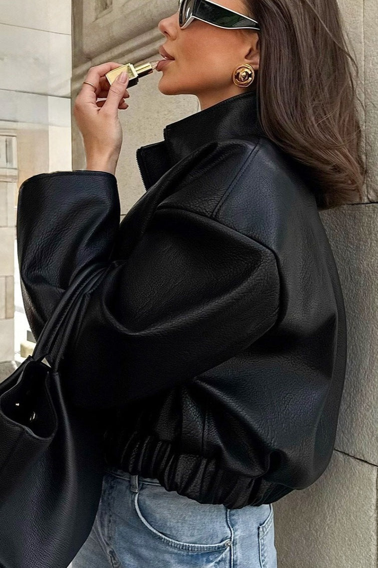 Cropped Stand Collar Faux Leather Jacket 3
