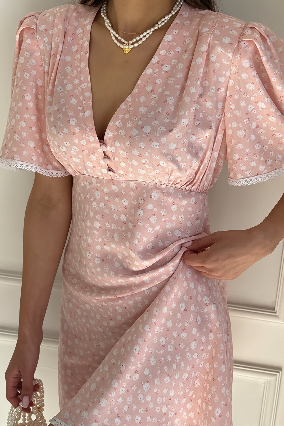 Floral V-Neck Flutter Sleeve Lace Trim Mini Dress