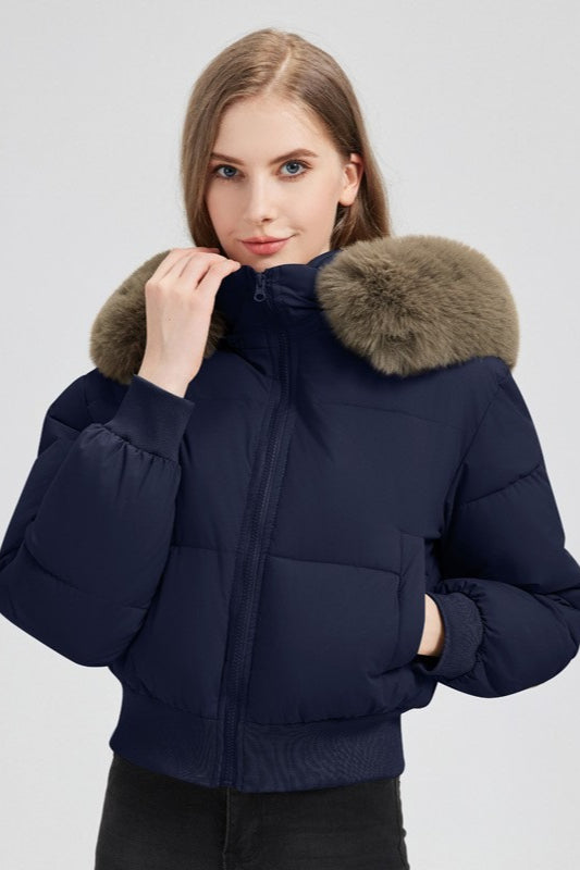 Quilted Cropped Faux Fur Collar Coat - Fashionpara
