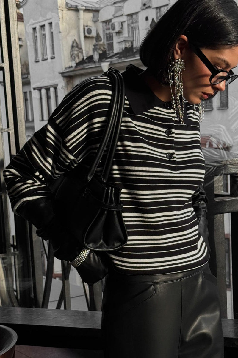 Color-block Stripe Fitted Polo Knit Blouse