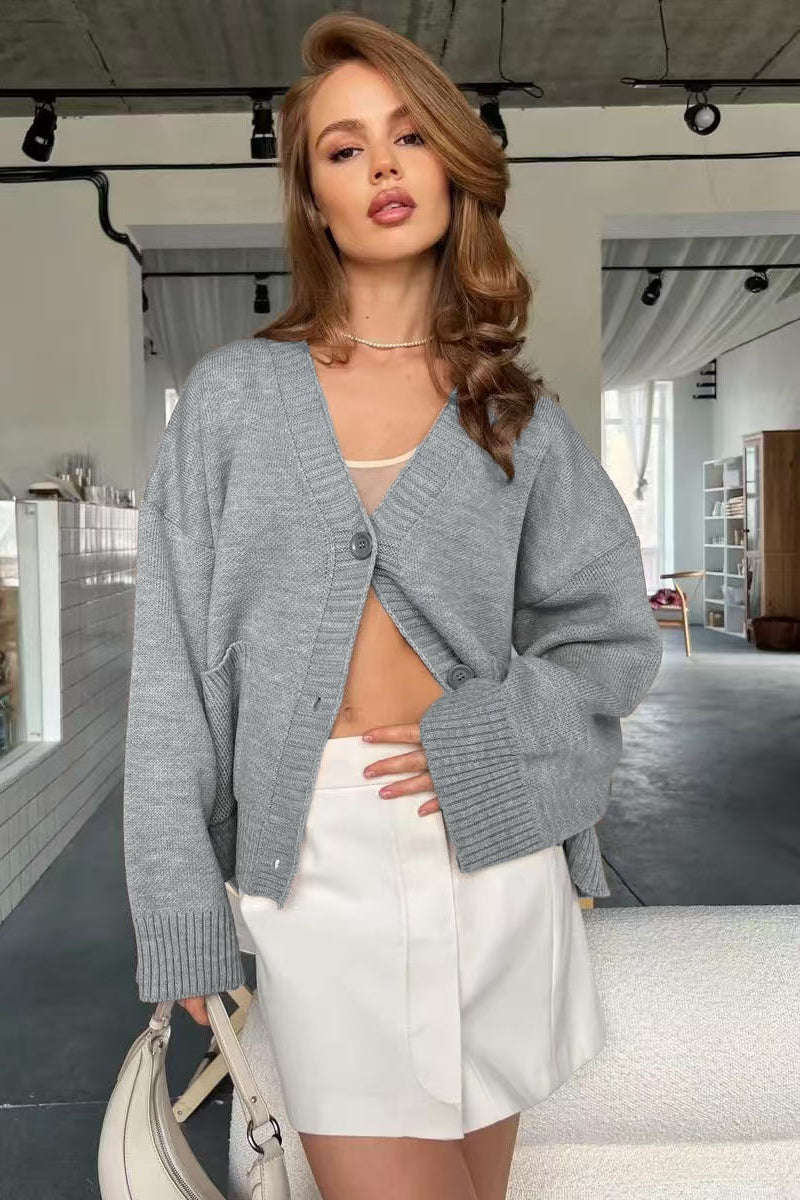 Loose Fit V-Neck Knit Cardigan with Pocket Detail