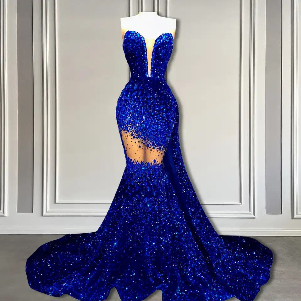 Glamorous V-Neck Sequins Prom Dresses Mermaid Sleeveless Crystal - Fashionpara