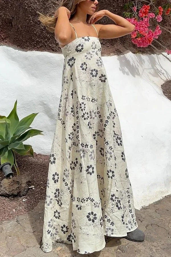 Linen Blend Floral Print Strappy Full-hem Backless Maxi Dress - Fashionpara