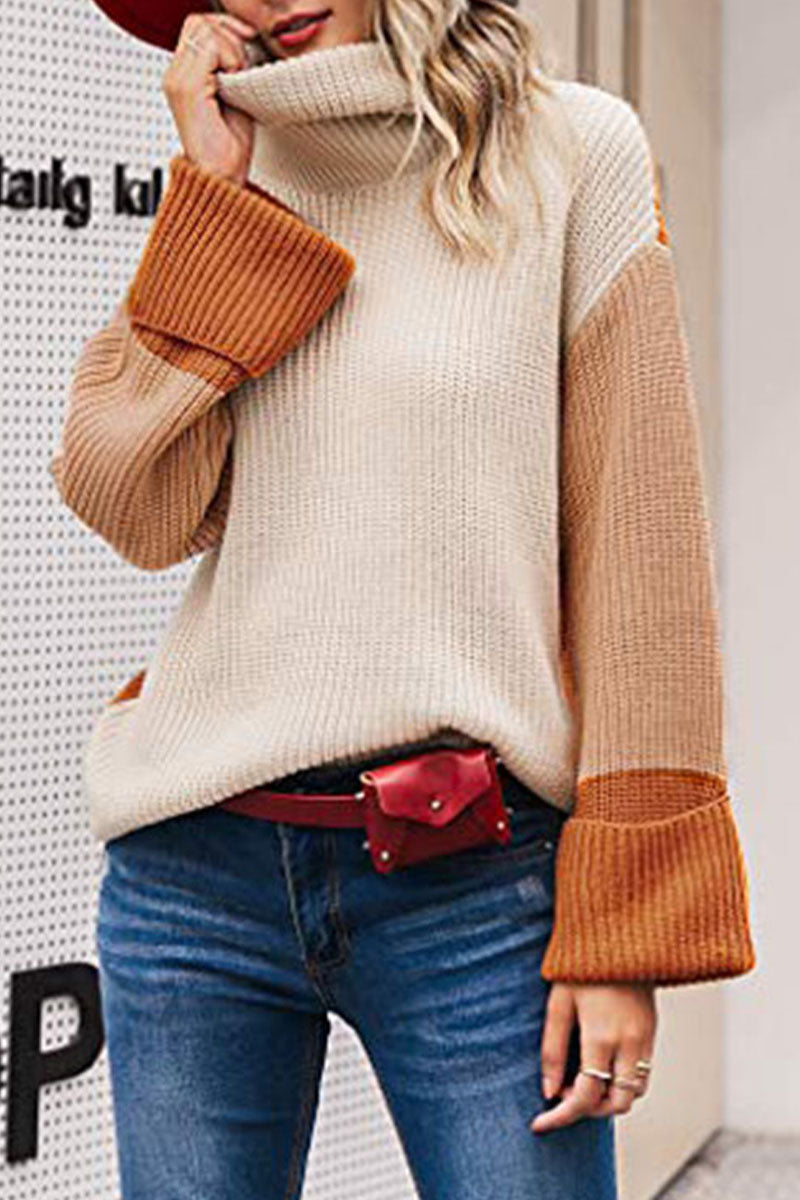 Turtleneck Patchwork Loose  Multicolor Sweater  Fashionpara