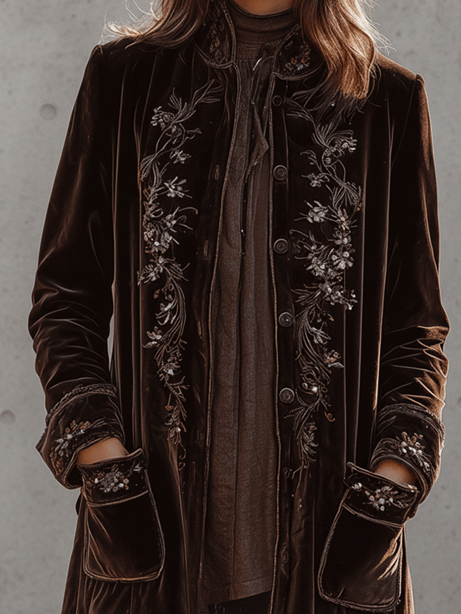 Vintage Chocolate Velvet Embroidered Long Coat