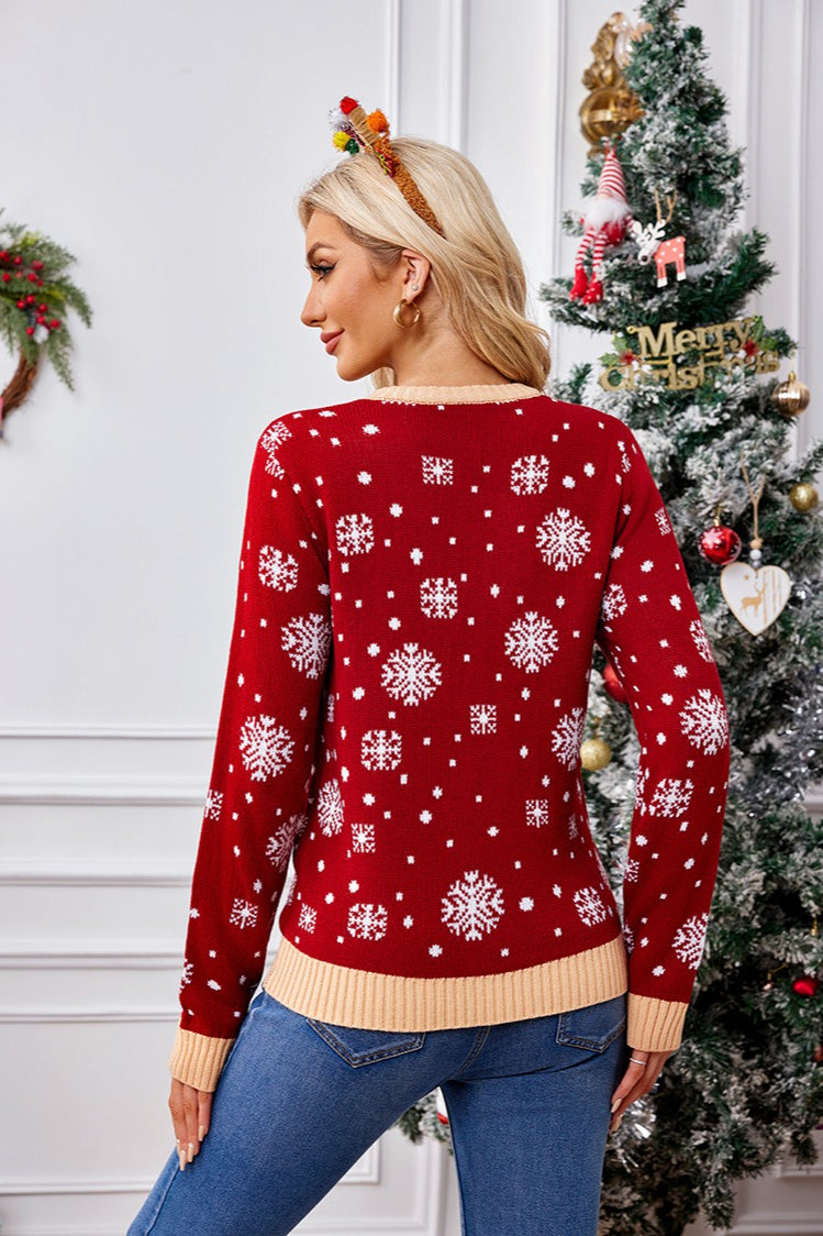 Cozy Color Block Santa Snowflake Polka Dot Sweater