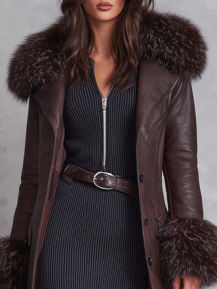 Vintage Reddish Brown Eco-Leather Coat With Detachable Fur Collar - Fashionpara