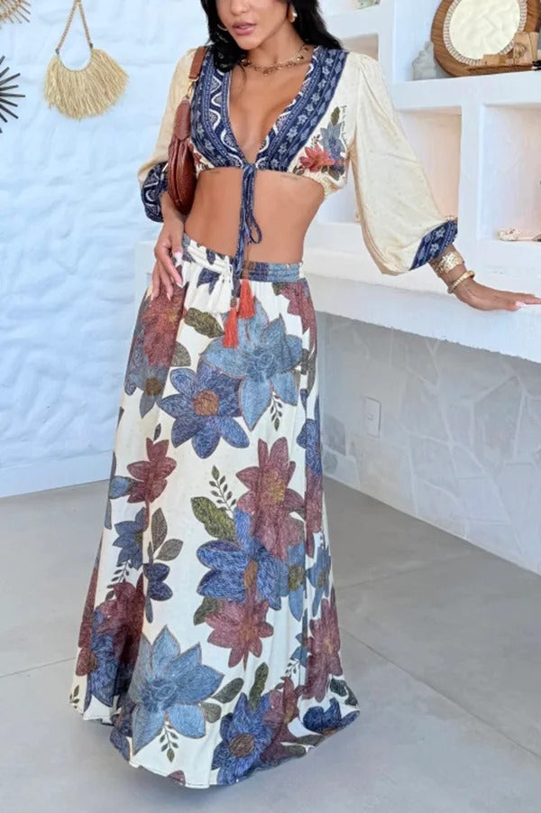 Unique Printed V-Neck Tie Cropped Top and Elastic Waist Casual Maxi Skirt Set - Fashionpara