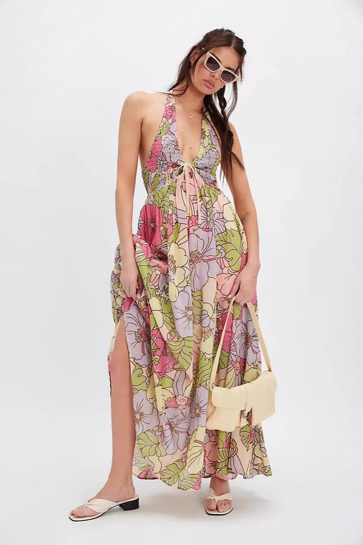 Floral Print Halter Plunge Smocked Bodice Dress