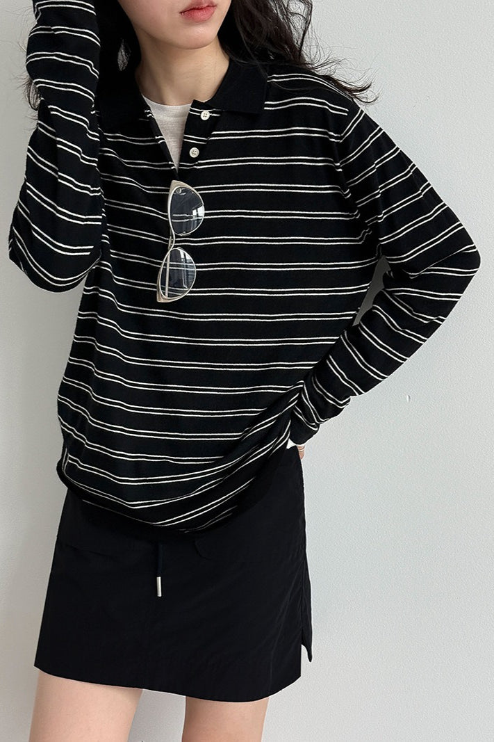 Soft Wool Striped Polo Collar Long Sleeve Blouse