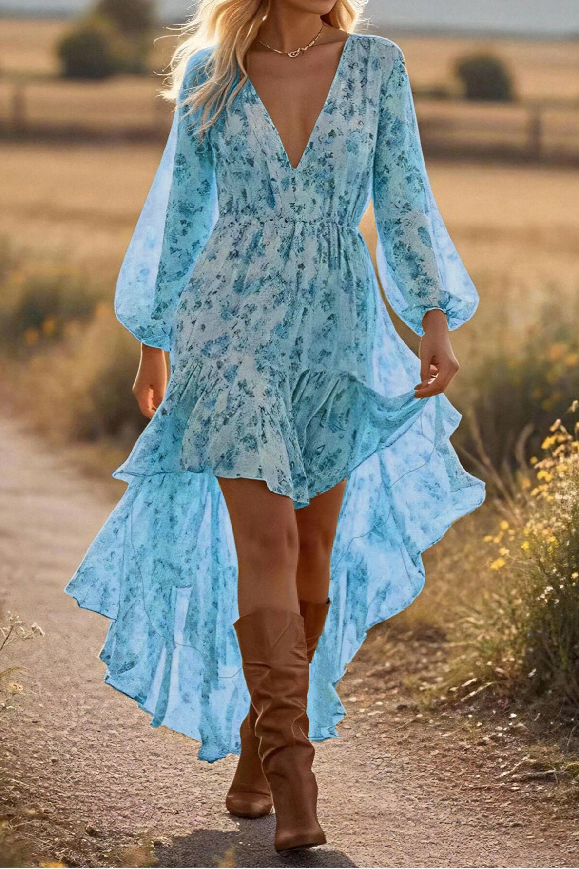 Bohemian V Neck Floral Asymmetric Hem Long Sleeve Boho Dress