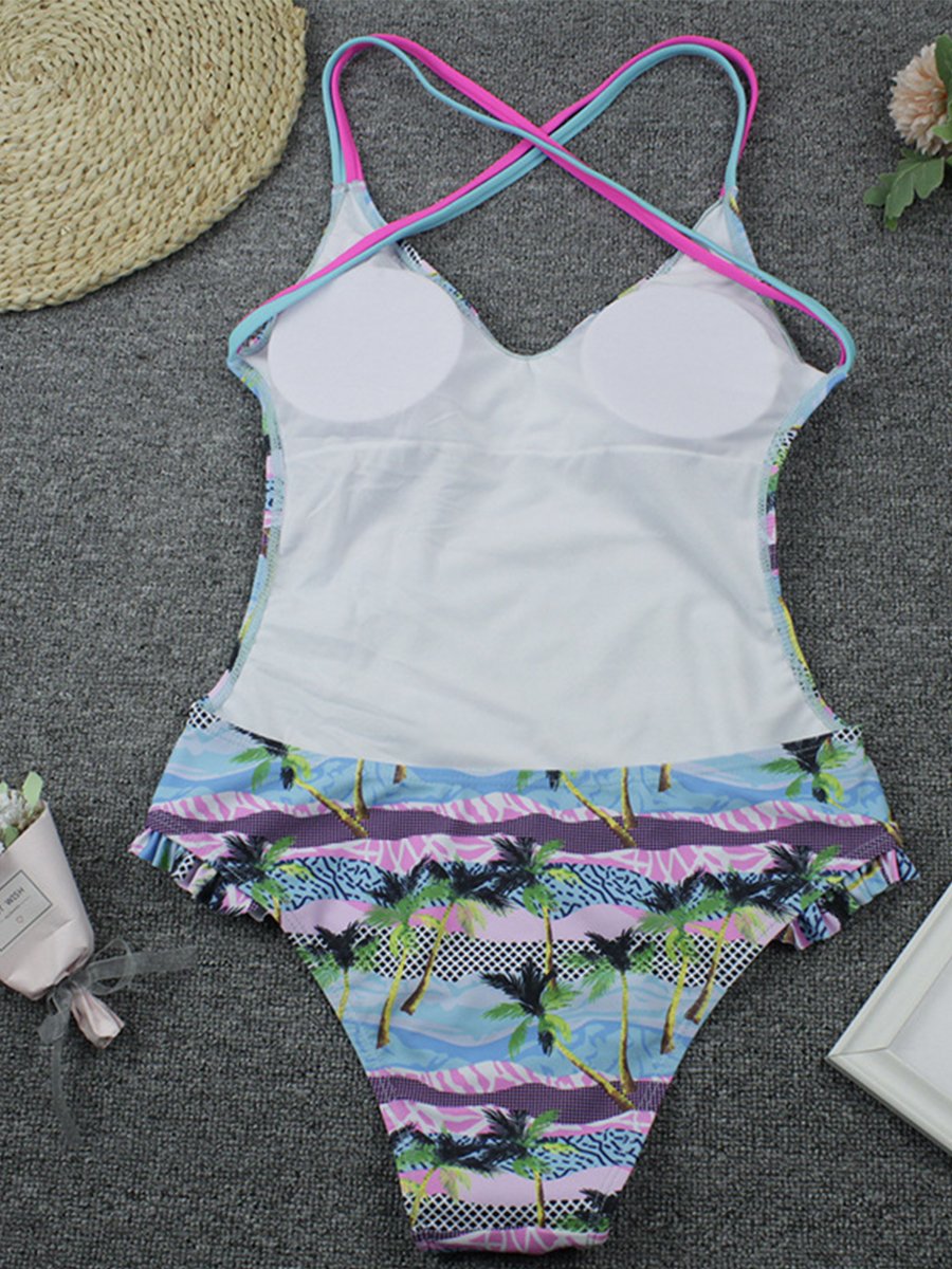 One Piece Swimsuit With Lace Printing Ribbon - Fashionpara