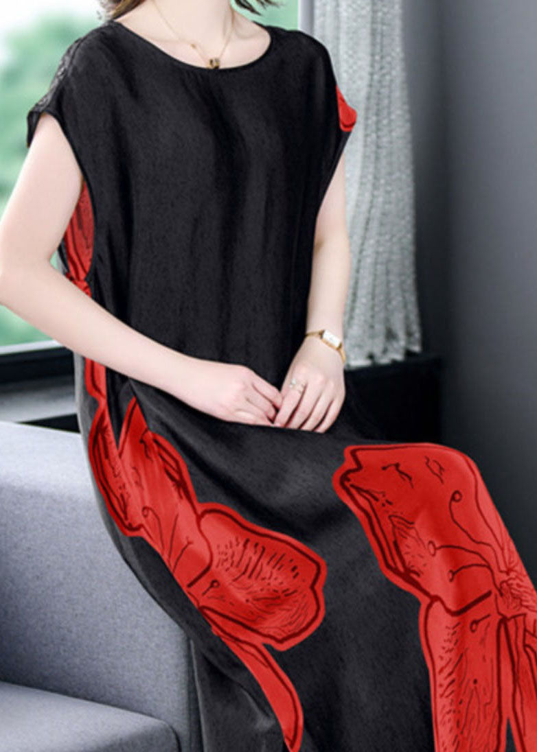 Floral Print Cap Sleeve Round Neck Side Slit Shift Midi Dress - View 5