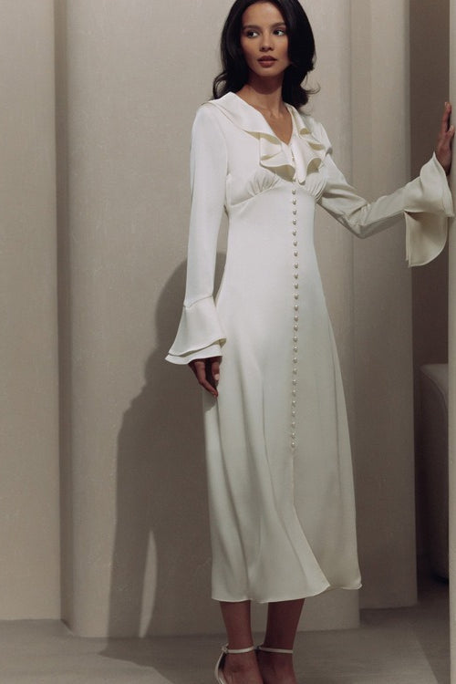 Vintage Ruffled V-Neck Flared Sleeve Maxi Dress