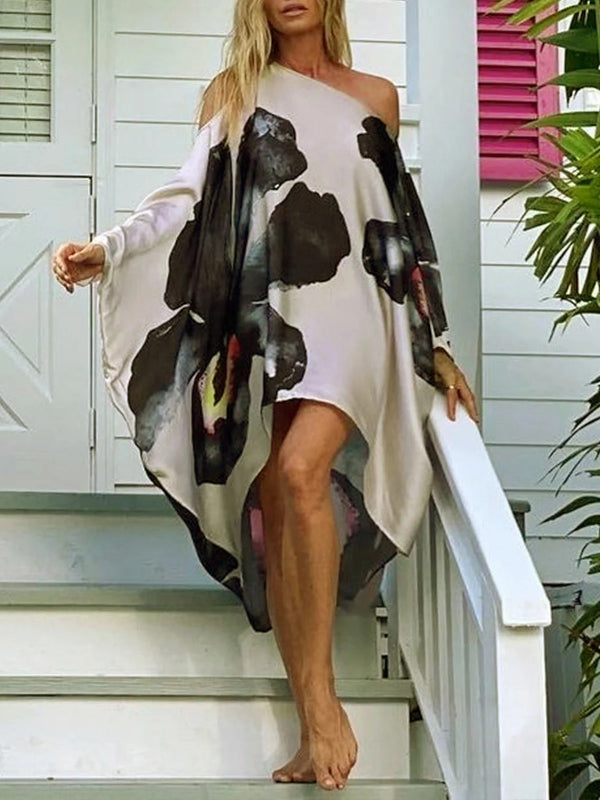 Floral Print Off Shoulder Cold Shoulder Batwing Sleeve Midi Dress - View 4