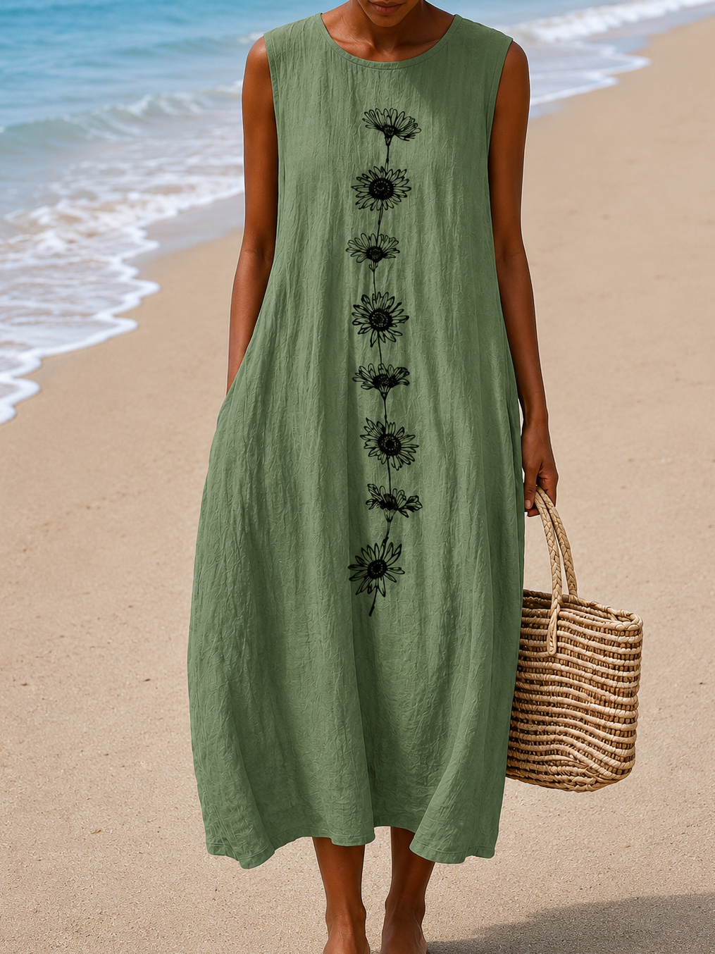 Floral Print Scoop Neck Sleeveless Linen Midi Dress 2