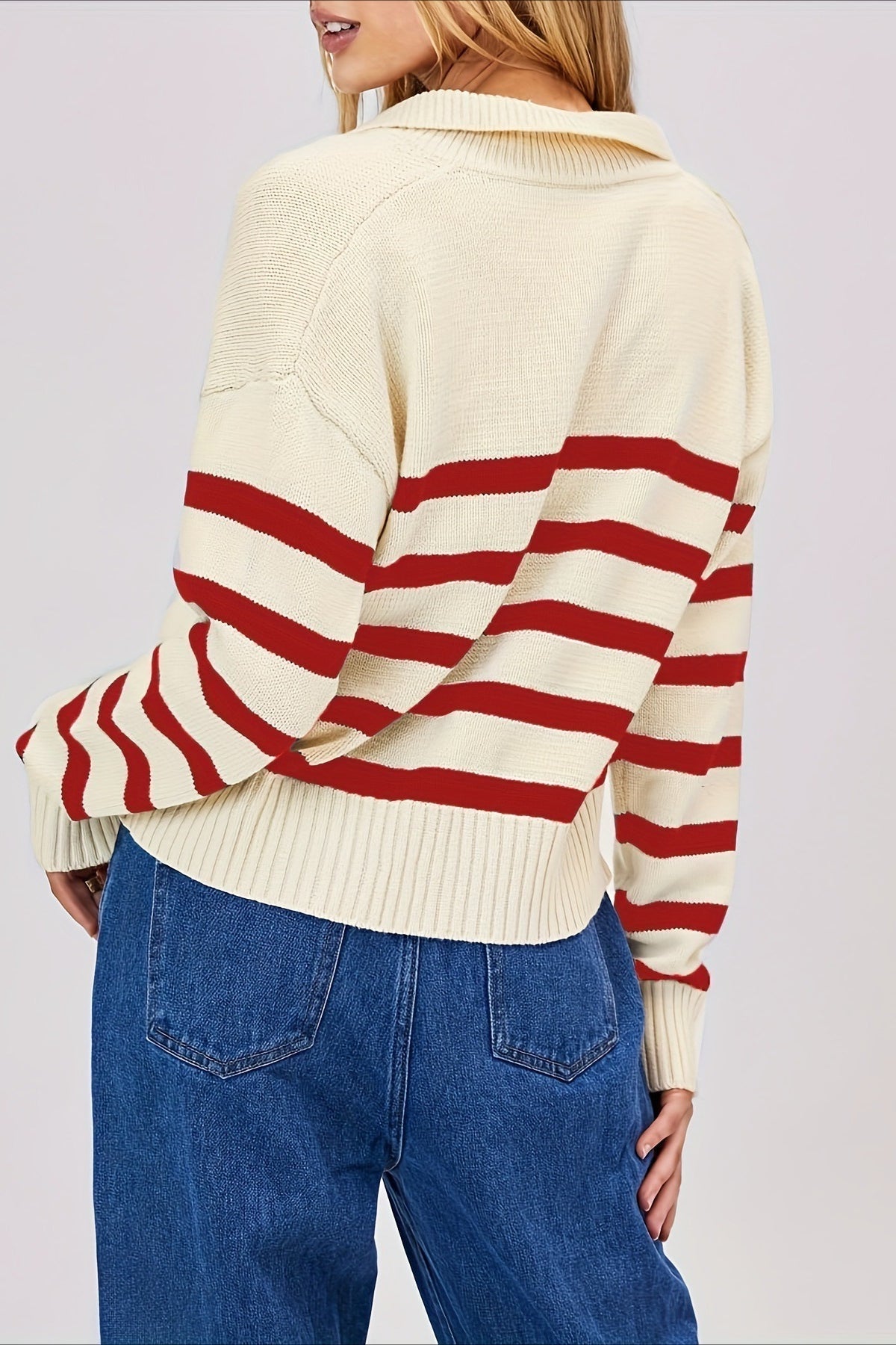 Striped Wool Collar V-Neck Sweater 32