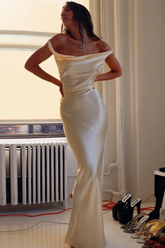Satin One Shoulder Cowl Neck Ruched Maxi Dress 2