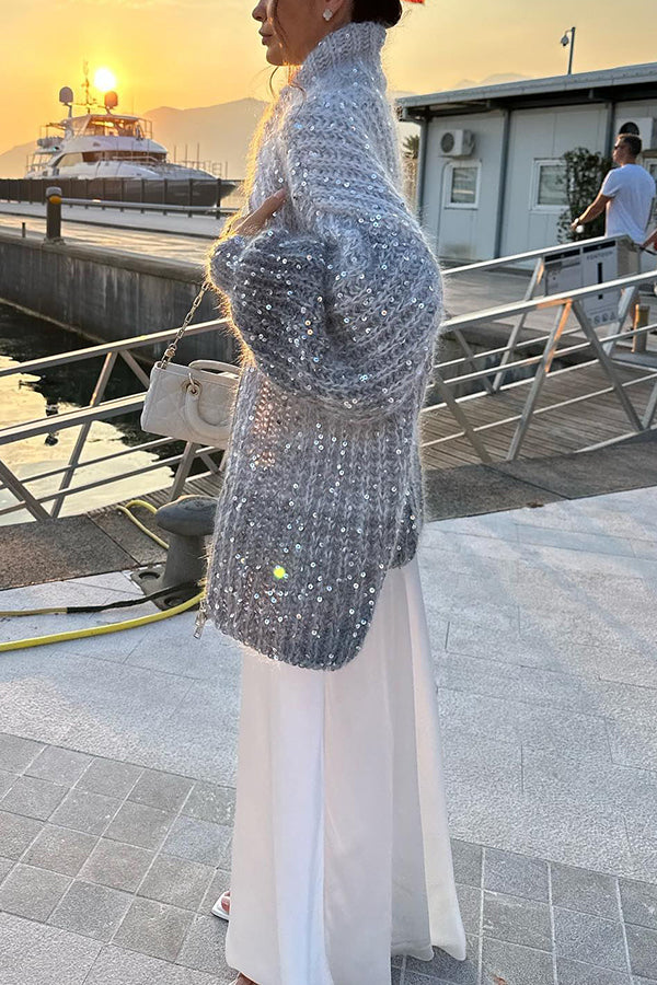 Warm Heart Sequin Balloon Sleeve Zipper Cardigan for Comfort