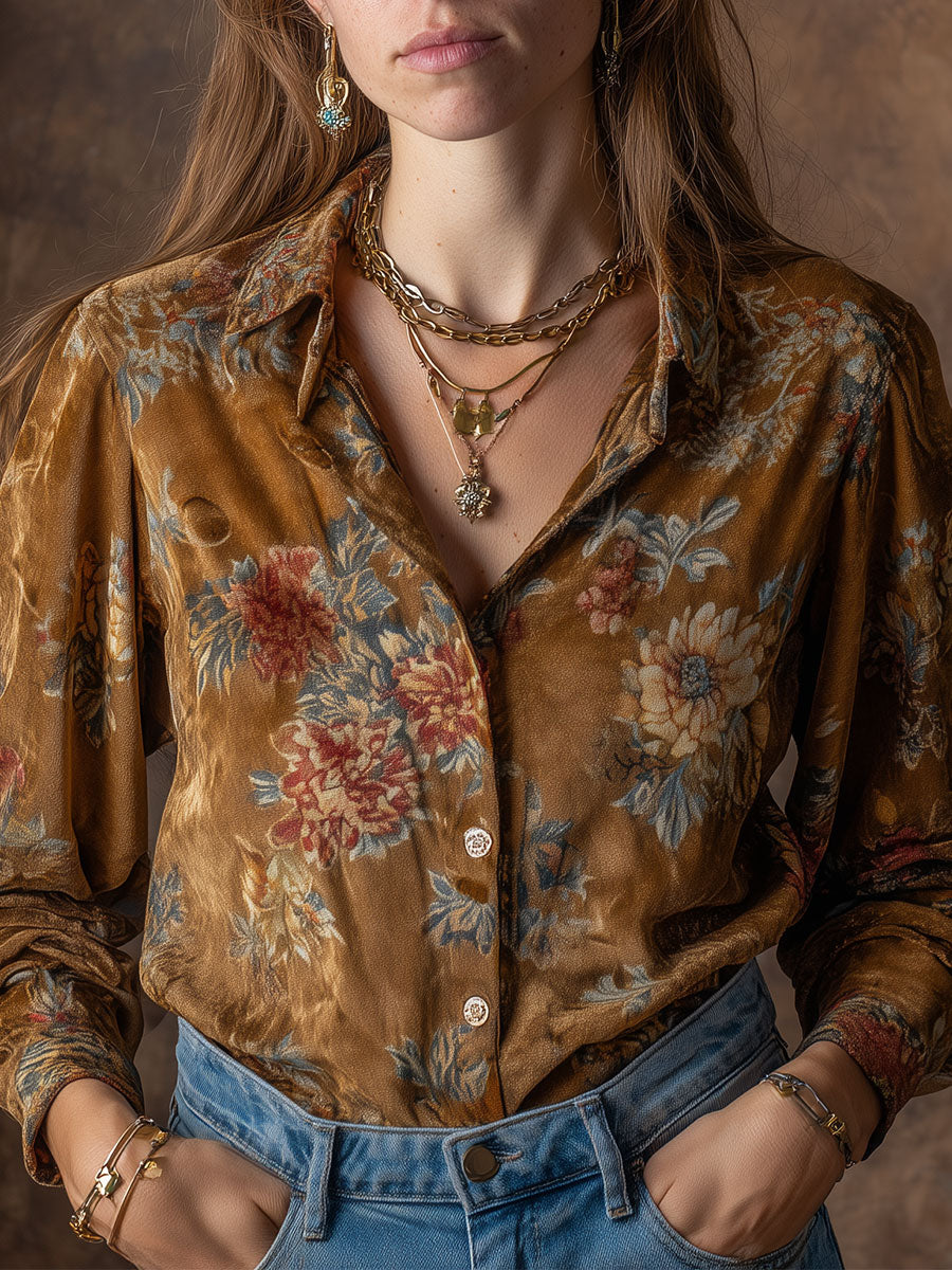 Vintage Suede Floral Print Puff Sleeves Blouse - Fashionpara