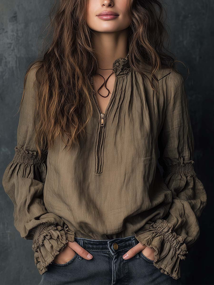 Boho Ruffled Cuff Half-Zip Blouse
