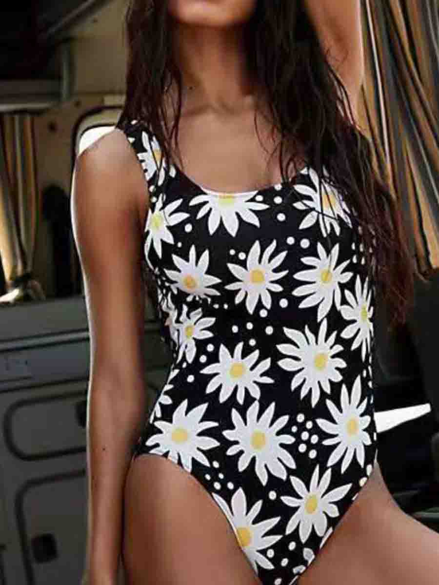 Floral Print Black One-piece Swimsuit - Fashionpara