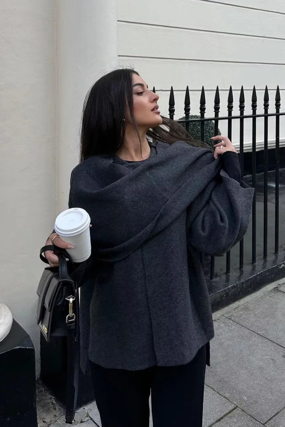 Cropped Knit Asymmetric Scarf Collar Coat - Fashionpara