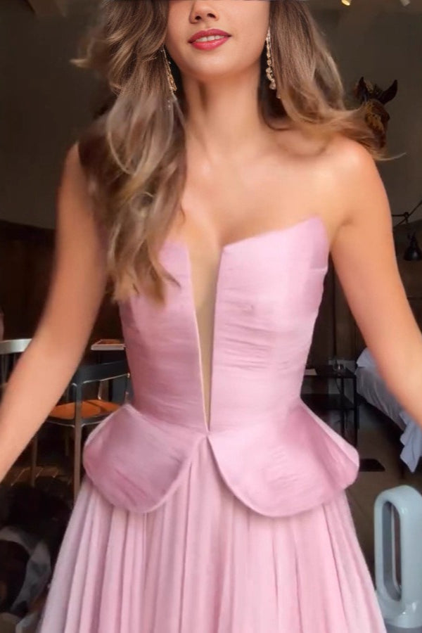 Chiffon Strapless Ruched Peplum A-Line Maxi Gown - View 3