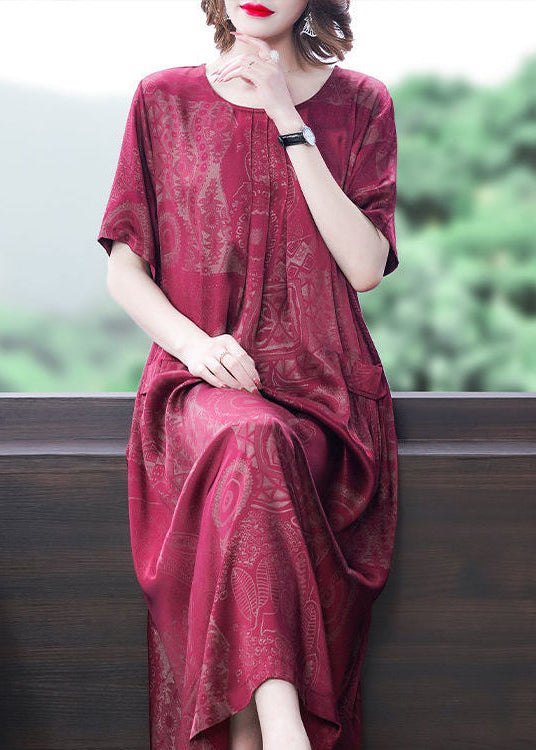 Jacquard Damask Print Round Neck Pocket Short Sleeve Loose Maxi Dress