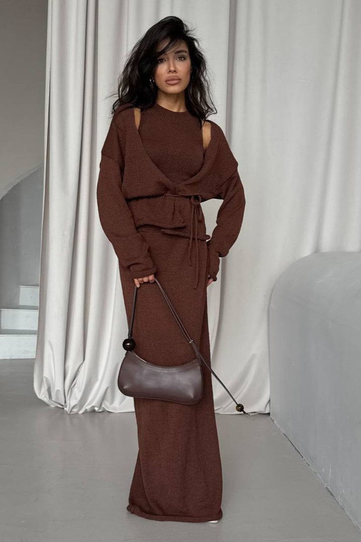 Chic Knit Vest & Bodycon Skirt with Belt Three Piece Set
