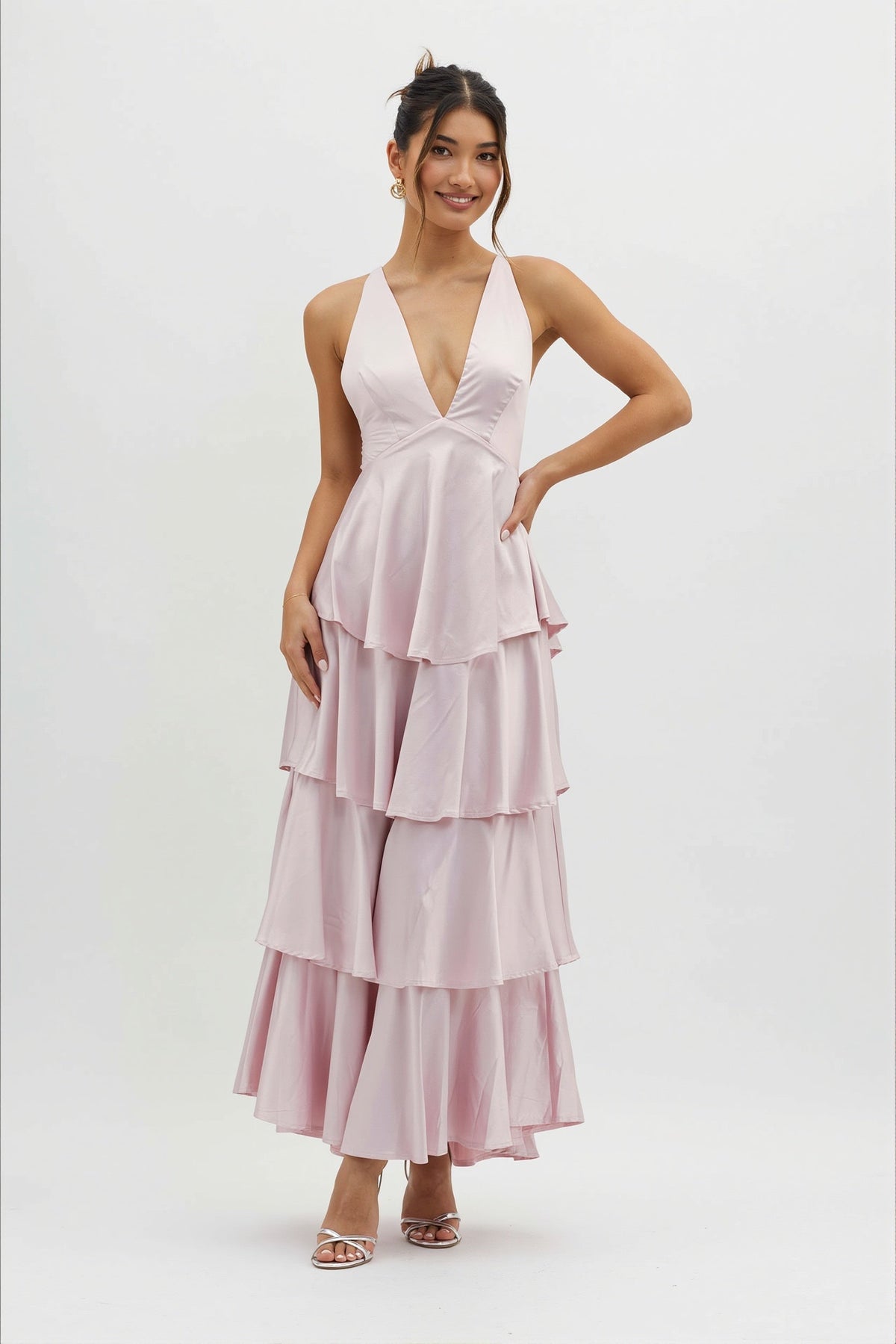 Satin Plunge V-Neck Tiered Ruffle Maxi Formal Dress
