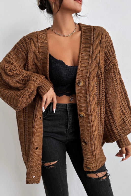 Vintage Cable Knit V-Neck Cardigan with Balloon Sleeves