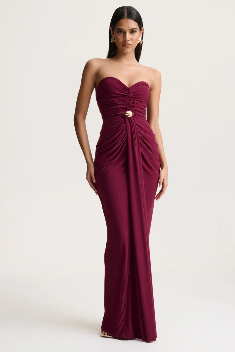 Strapless Sweetheart Ruched Gold Ring Draped Maxi Gown