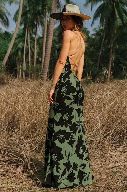 Floral Print Cowl Neck Spaghetti Strap Slip Maxi Dress