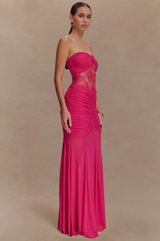 Strapless Lace Panel Ruched Mermaid Gown
