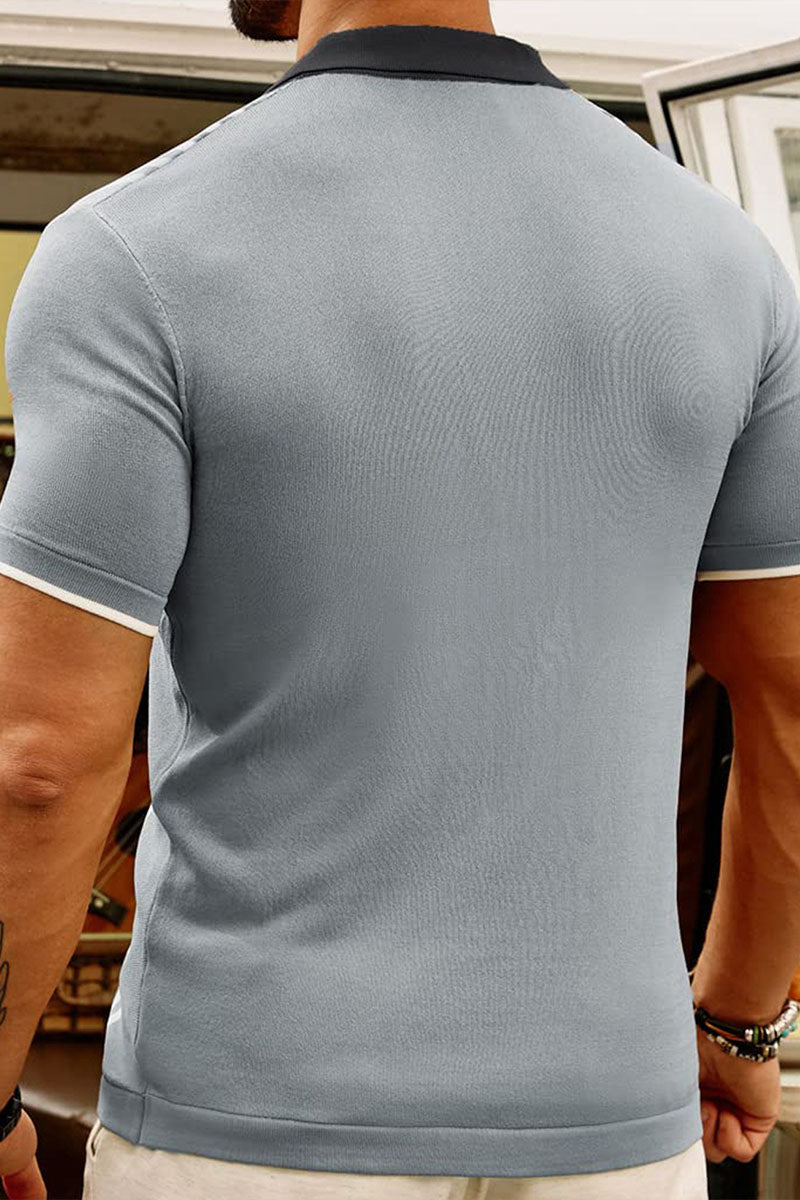 Uniqshe Men's Color Block Short Sleeve Polo Cardigan