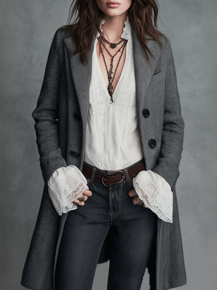 Classic Grey Herringbone Wool Blend Double-Breasted Long Coat - Fashionpara