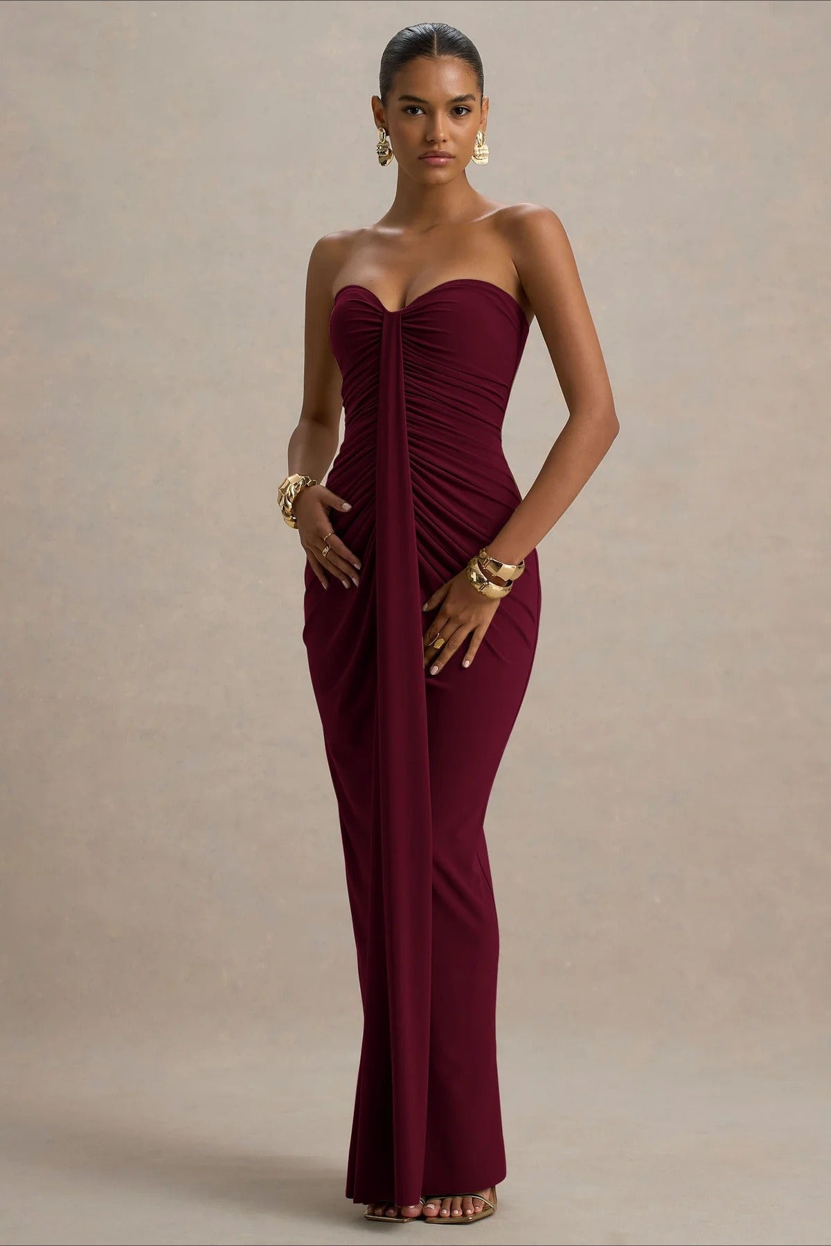 Strapless Sweetheart Ruched Draped Mermaid Maxi Gown